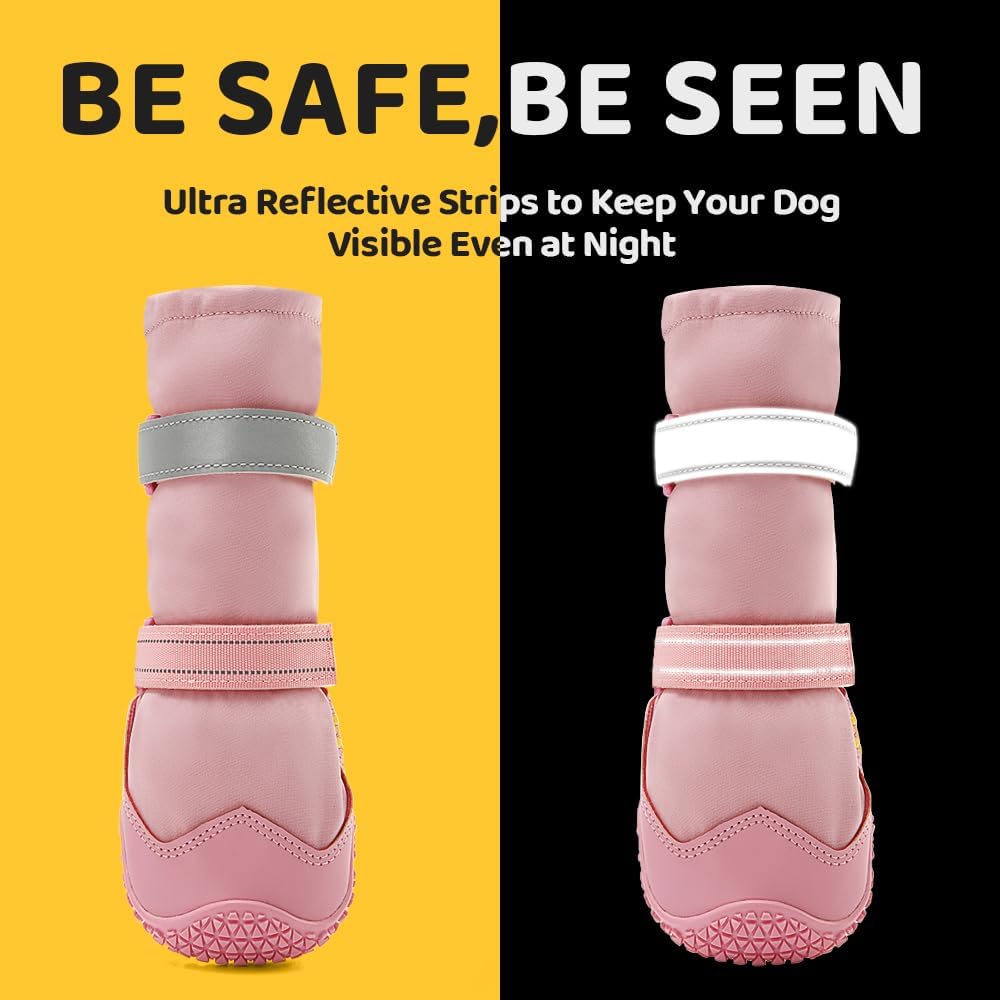 Hcpet Dog Shoes, Dog Boots & Paw Protectors for Winter Snowy Days, Rainy Weather, Outdoor Anti-Slip Sole Dog Booties for Hardwood Floor Pink-Leg 2