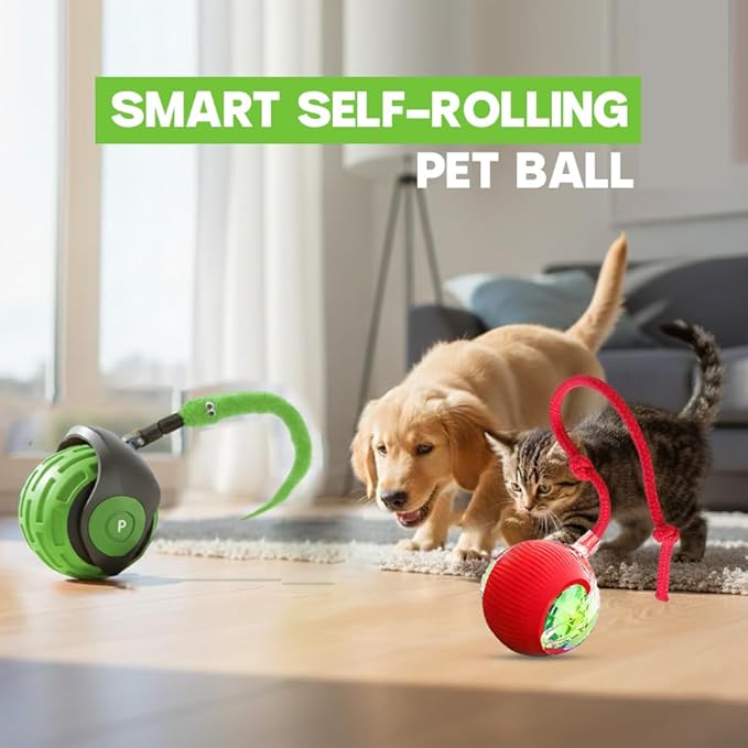 Interactive Cat Ball Toy – Smart Rolling Pet Ball with Obstacle Avoidance, USB Rechargeable, Cord Tail Design – Fun Enrichment Toy for Indoor Cats & Small Dogs (Green + Red)