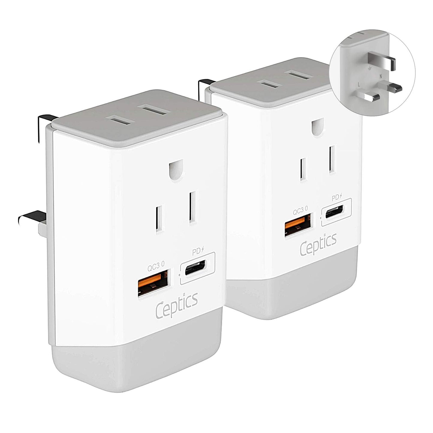 Ceptics Uk Ireland Power Plug Adapter 2 Pack Set, Qc 3.0 & Pd, Safe Dual Usb & Usb-C - 2 Usa Socket Compact & Powerful - Use In