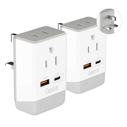 Ceptics Uk Ireland Power Plug Adapter 2 Pack Set, Qc 3.0 & Pd, Safe Dual Usb & Usb-C - 2 Usa Socket Compact & Powerful - Use In