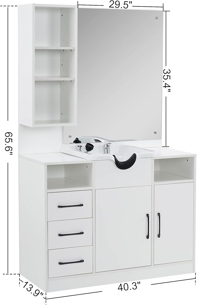 BarberPub Wall Mount Cabinet Barber Station with Mirror and Shampoo backwash Bowl Barbershop Salon Equipment 3140 (White)