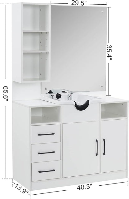 BarberPub Wall Mount Cabinet Barber Station with Mirror and Shampoo backwash Bowl Barbershop Salon Equipment 3140 (White)