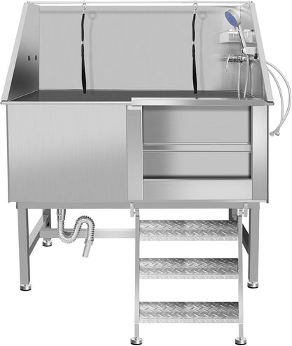 50" Dog Washing Station, Professional Stainless Steel Dog Bathing Station, Equipped/W Three Anti-Slip Steps, Removable Door, Upgraded Spray Nozzle&Hose - for Home, Pet Grooming Salon (50" Right ramp)