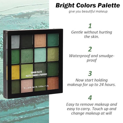 evpct 16 Colors Green Glitter Eye shadow Palette Makeup Waterproof Dark Light Green Yellow orange Brown Shimmer Highly Pigmented Pressed Sparkly Shiny Eyeshadow Palette paletas de sombras para de ojos