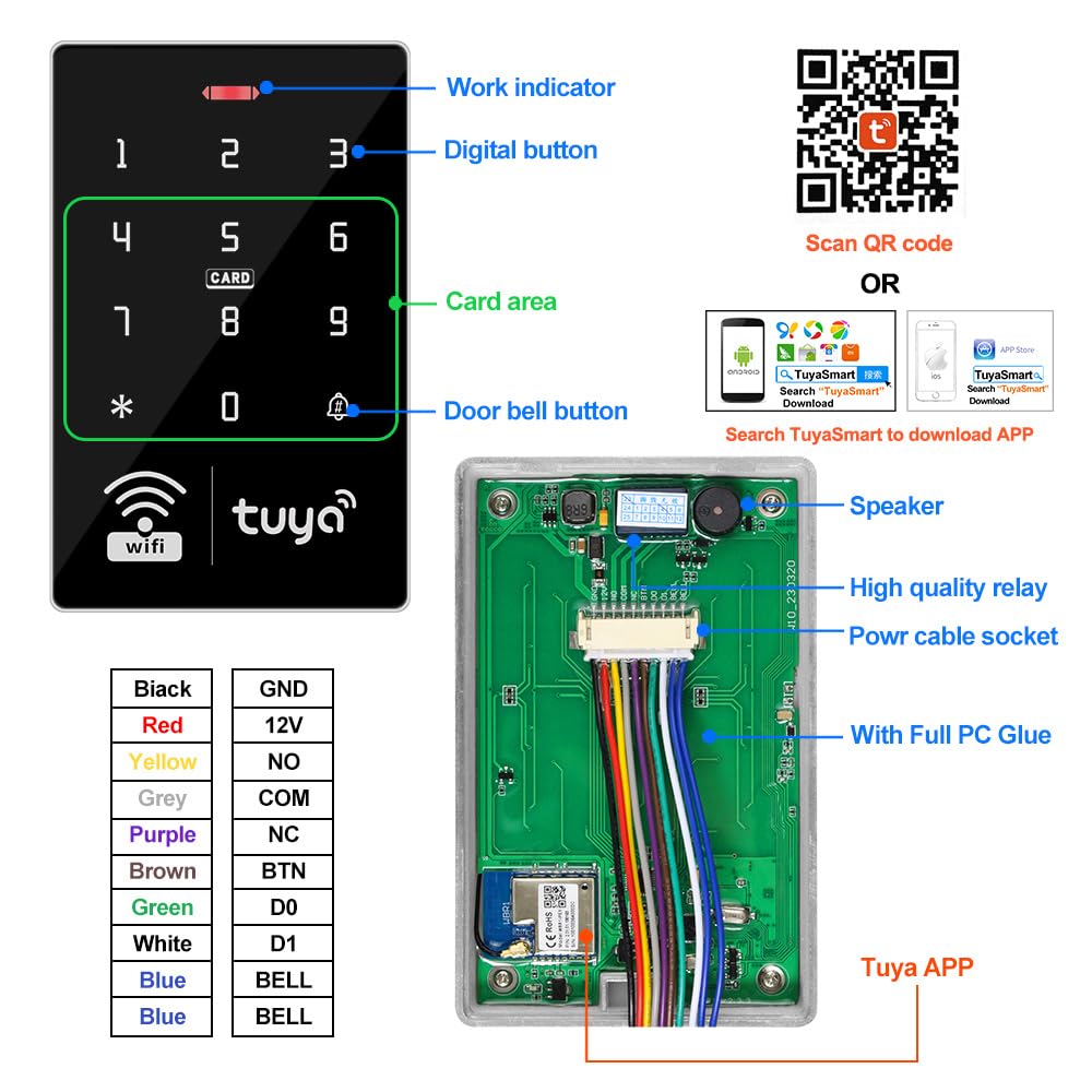 QTTYELOK Wifi Tuya APP Access Control System Waterproof Kits RFID Keypad Controller 125KHz 13.56MHz + Door Electric Strike Lock + DC12V Power Supply, 10,000 Large User Capacity