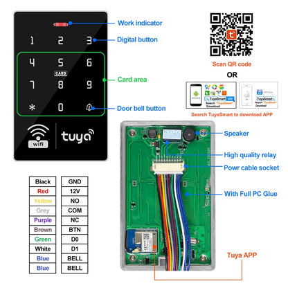 QTTYELOK Wifi Tuya APP Access Control System Waterproof Kits RFID Keypad Controller 125KHz 13.56MHz + Door Electric Strike Lock + DC12V Power Supply, 10,000 Large User Capacity