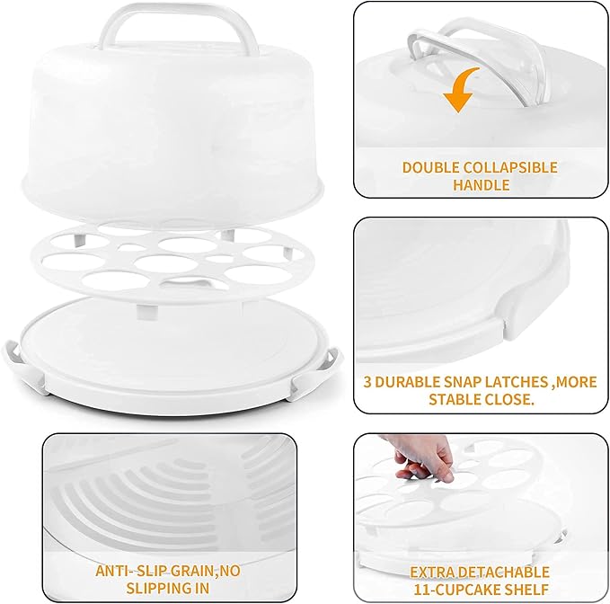 Portable Cake Carrier with Handle, Round Cupcake Holder with Lid, Plastic Storage Container Box fit 10 inch Cake, 3-Locking Muffin and Pies Keeper with Cover (White)