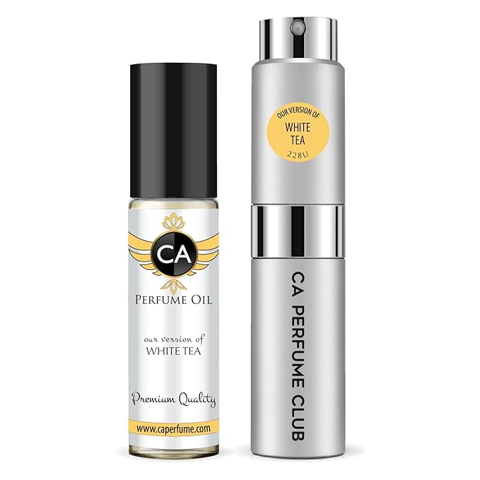 CA Perfume Duo Impression of White Tea For Women And Men Perfume Layering Set Long Lasting Travel Size EDP + Body Oil Roll-On Bottle 0.27 Fl Oz+0.33 Fl Oz