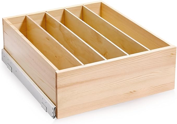 Pull Out Cabinet Organizer with Divider, 19''W×21''D×7''H Soft Close Wood Drawer for Kitchen Pantry, Finished, Heavy-Duty, Bottom Assembly (Wood Drawer Part Width is 18'')