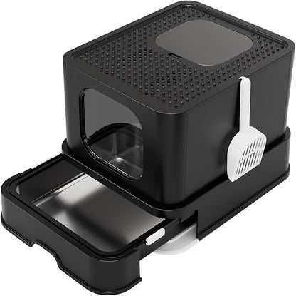 RIZZARI Stainless Steel Cat Box: Spacious Black Enclosed Top-Entry - Teflon Coated Pan Resists Sticking - Reduces Tracking & Odor - Leakproof & Easy to Clean - Fits Large Cats in Living Room Garage