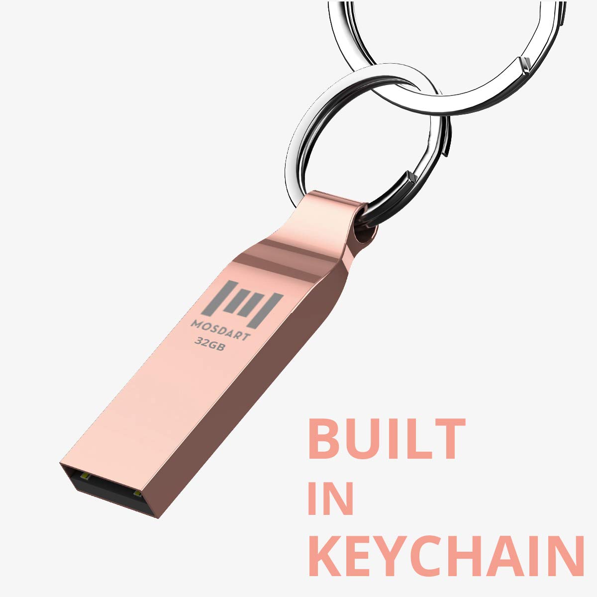 Mosdart Waterproof 32Gb Usb2.0 Flash Drive, Fat32 Metal Memory Stick With Keychain, For System Back, Data Storage, Rose Gold(Pac