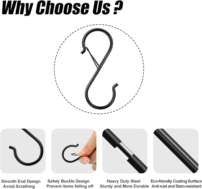 20 Pack S Hooks for Hanging, 3.5 Inch S Hooks Heavy Duty for Hanging Clothes Plants Black S Shaped Hooks with Safety Buckle Kitchen Pot Rack Closet Hooks for Kitchen Utensil, Pots, Pans