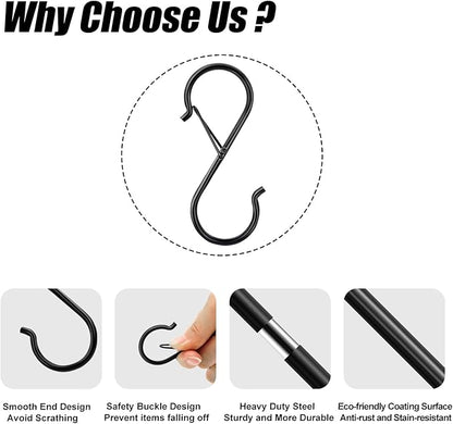 20 Pack S Hooks for Hanging, 3.5 Inch S Hooks Heavy Duty for Hanging Clothes Plants Black S Shaped Hooks with Safety Buckle Kitchen Pot Rack Closet Hooks for Kitchen Utensil, Pots, Pans