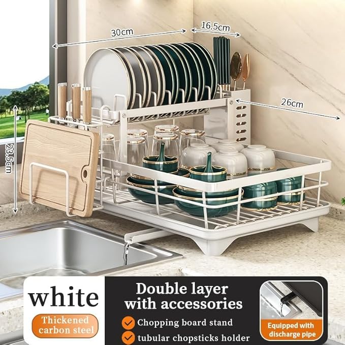 Large Dish Drying Rack for Kitchen Counter, 2-Tier Expandable Dish Drainer with Drainboard, Anti-Rust Steel Drying Rack with Cutlery Holder, Cup Holder and Storage Areas for Plates Bowls Pots