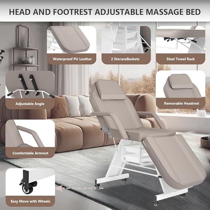 Tattoo Chair for Client Facial Table Adjustable 73inch Facial Chair Spa Esthetician with Stool for Beauty Tattoo Eyelash Equipment Black (Gray)