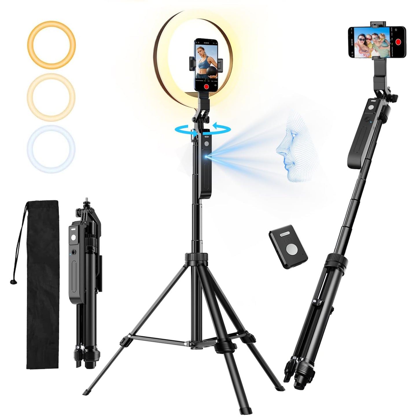 Upgraded Auto Face Tracking Tripod 360 Rotation With Stand, 10 Rgb Ring Light Phone Tripod & Selfie Stick With Remote And Gestur