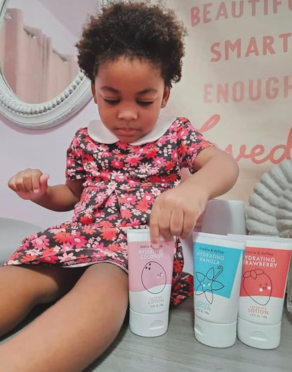 Dabble & Dollop Strawberry Lotion, Layering Lotion, Hydrating Scented Lotions for Kids, All-Natural, Dermatologist Tested, Vegan & Cruelty-Free (3.4oz, Pack of 2)