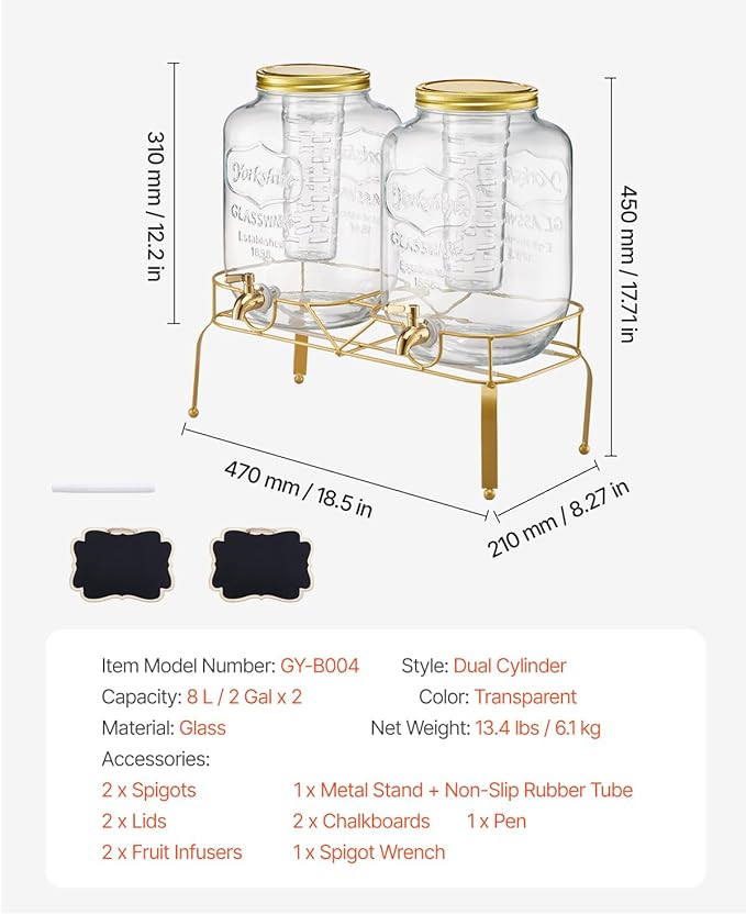 VEVOR Beverage Dispenser, 2 Pack 2 Gallon Drink Dispensers for Parties, Glass Juice Dispenser with Metal Stand, Stainless Steel Spigot, Infuser, Iced Tea Lemonade Juice Water Dispensers for Parties