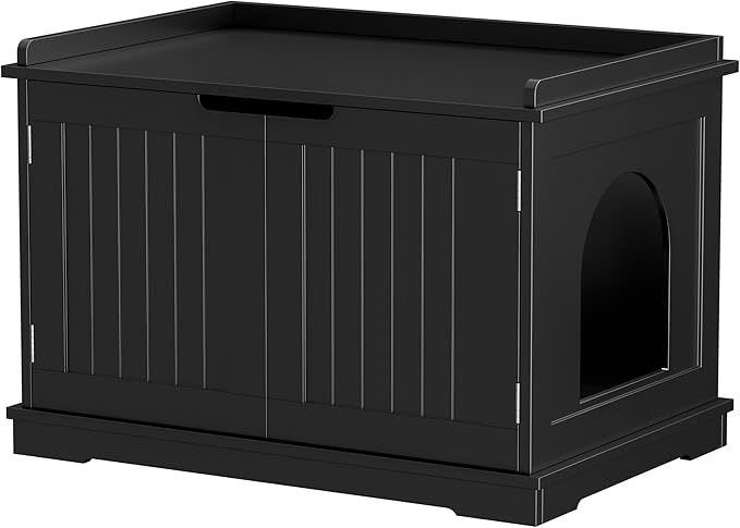 Zeny Cat Litter Box Enclosure, Wooden Cabinet with Divider, Modern Storage Bench, Fit Most Litter Box (Black)