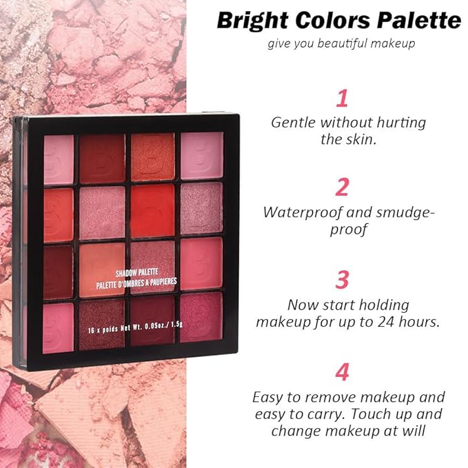 evpct 16 Colors Glitter Shimmer Matte Pink Red Blush Orange Peach Eyeshadow Makeup Palette Pallet Waterproof Highly Pigmented Smokey Pressed Sparkly Shiny Eye Shadow paletas de sombras para de ojos