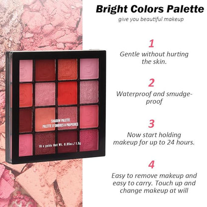 evpct 16 Colors Glitter Shimmer Matte Pink Red Blush Orange Peach Eyeshadow Makeup Palette Pallet Waterproof Highly Pigmented Smokey Pressed Sparkly Shiny Eye Shadow paletas de sombras para de ojos