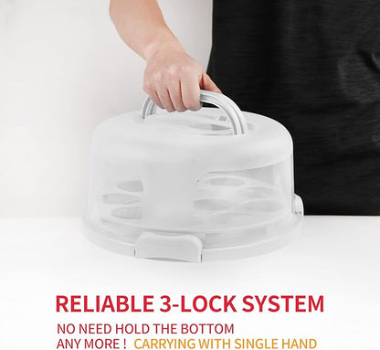 Portable Cake Carrier with Handle, Round Cupcake Holder with Lid, Plastic Storage Container Box fit 10 inch Cake, 3-Locking Muffin and Pies Keeper with Cover (White)