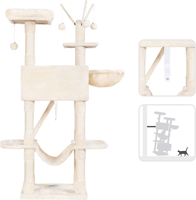 Hey-brother Cat Tree, 61 inch Cat Tower for Indoor Cats, Cat House with Padded Platform Bed, Toy Balls, Large Cozy Condo, Hammocks and Sisal Scratching Posts, Beige 0MPJ019M