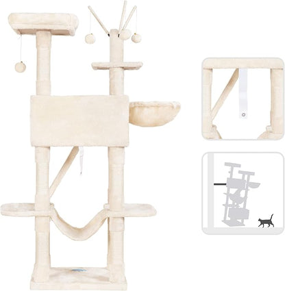 Hey-brother Cat Tree, 61 inch Cat Tower for Indoor Cats, Cat House with Padded Platform Bed, Toy Balls, Large Cozy Condo, Hammocks and Sisal Scratching Posts, Beige 0MPJ019M