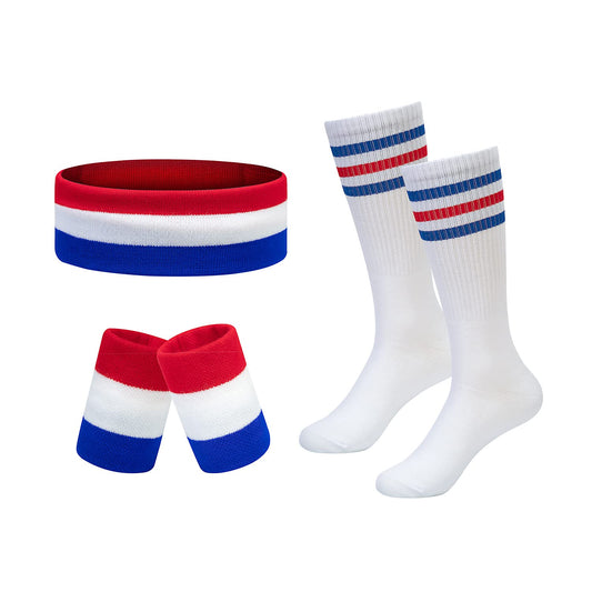 Striped Sweatbands Set, Sports Headband and Wristbands Sweatbands Colorful Cotton Striped Sweatband Set American Flag Style for Men and Women