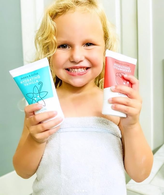 Dabble & Dollop Strawberry Lotion, Layering Lotion, Hydrating Scented Lotions for Kids, All-Natural, Dermatologist Tested, Vegan & Cruelty-Free (3.4oz, Pack of 2)