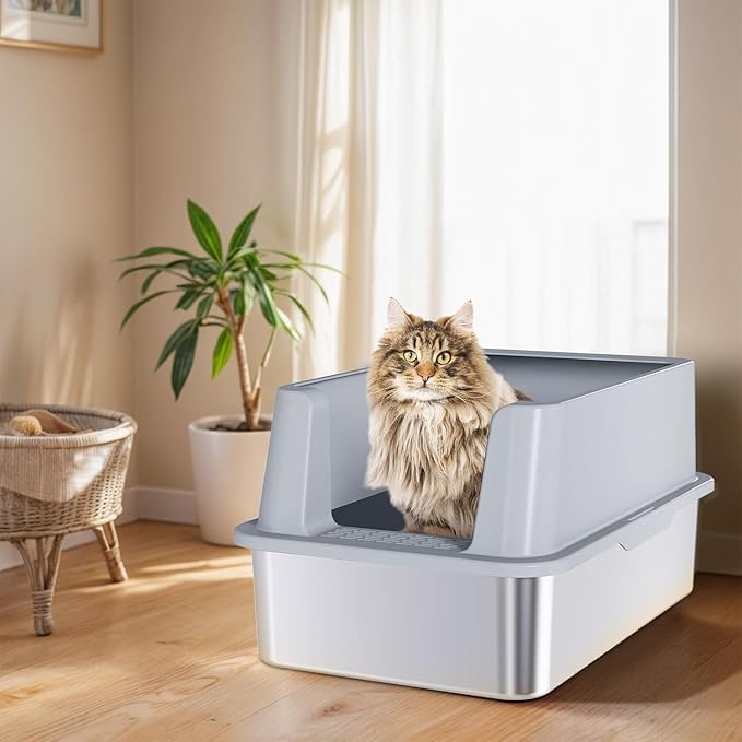 2Pack Stainless Steel Litter Box, XL Extra Large Cat Litter Boxes for Big Cats, Metal Litter Box with Lid High Sides, Leak-Proof, Never Absorbs Odors, Easy Cleaning, Non-Stick, Scoop Included