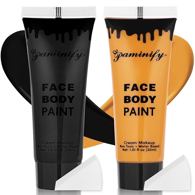 Black Orange Face Body Paint 1.01 oz/pc with 2 Sponges,Water Based Face Paint Kit for Clown Tiger Vampire Pumpkin Cosplay Makeup,Halloween SFX Makeup Cream Face Painting for Kids,2.02 oz