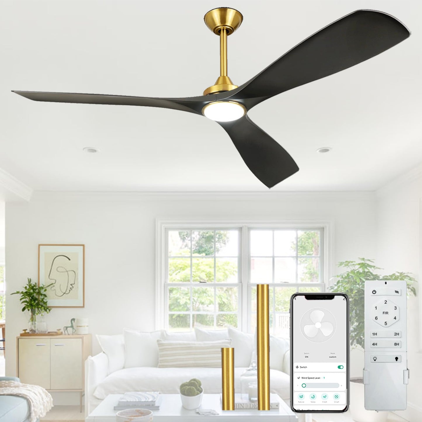 Bvenubiglite Modern Ceiling Fan With Light: Black And Gold Ceiling Fans With Remote And Smart App Control 3 Blades - 52 Inch Cei