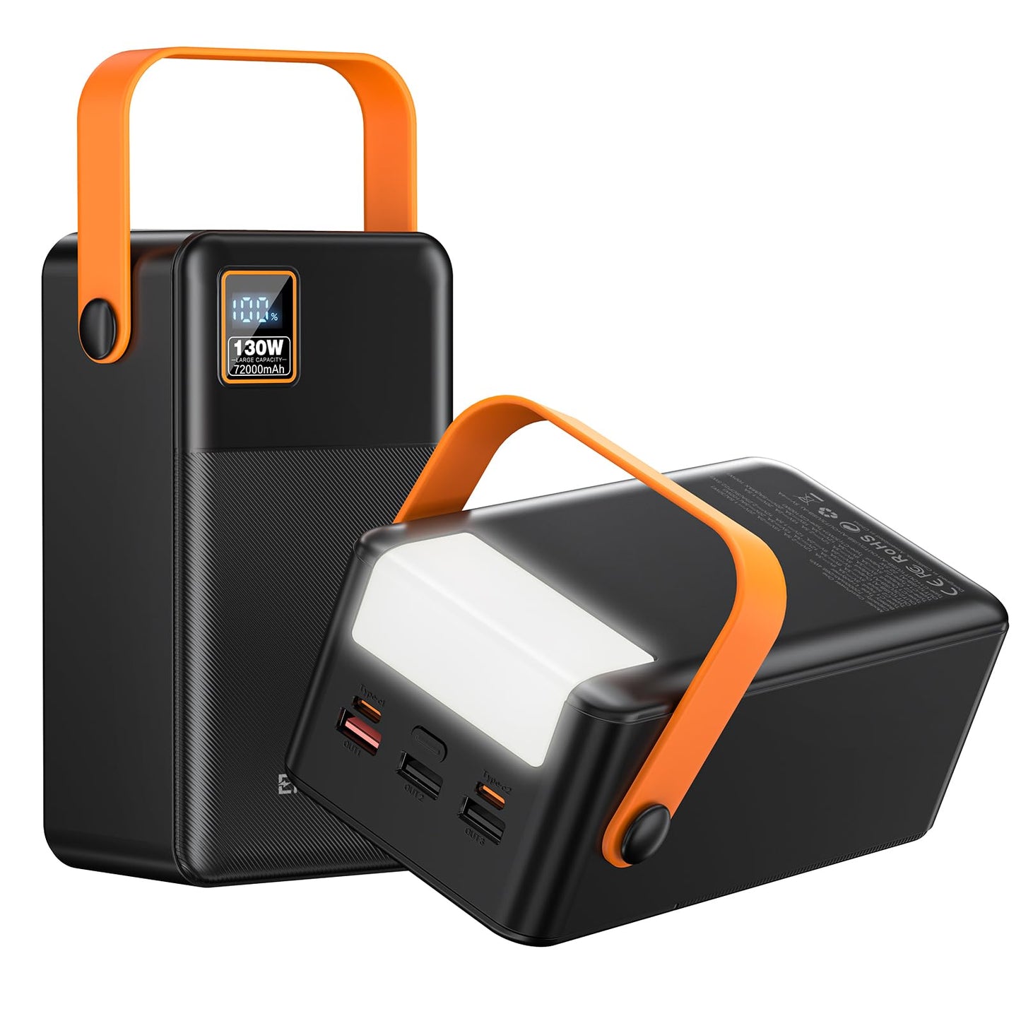 Power Bank 72000Mah Power Station, 130W Fast Charging, Portable Outdoor Generator With Smart Digital Display, Retractable Lighti