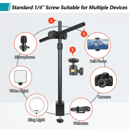 Camera Desk Mount Webcam Stand With Overhead Articulating Magic Boom Arm 1/4 Ball Head For Dslr Tripod, Adjustable Light Stand,