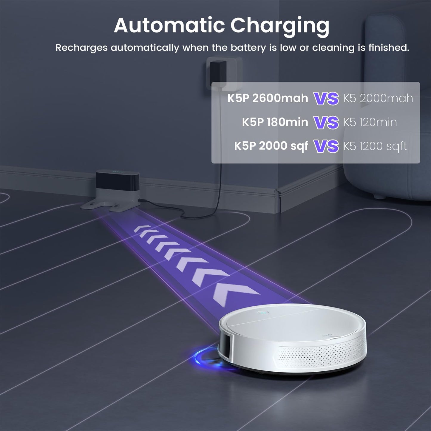 Okp K5 Pro Robot Vacuum And Mop, 3 In 1 Mopping Robotic Vacuum With 5000Pa Suction Power, 180 Mins Runtime, Quiet Design, Wi-Fi/