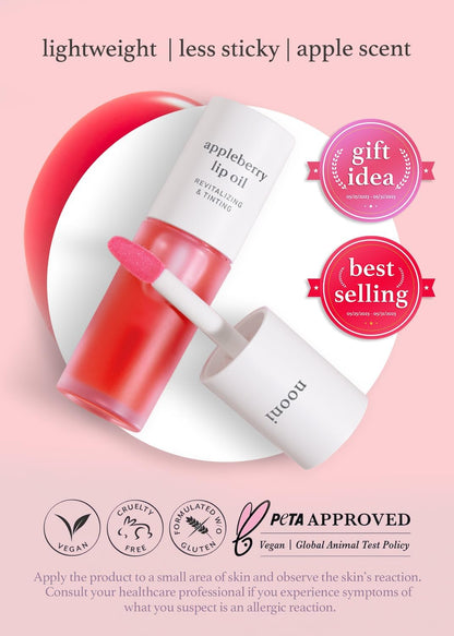 NOONI Vegan Lip Oil Bundle - Appleberry & Appleclear | Lip Stain, Long Lasting, Moisturizing, Plumping, Korean Lip Tint