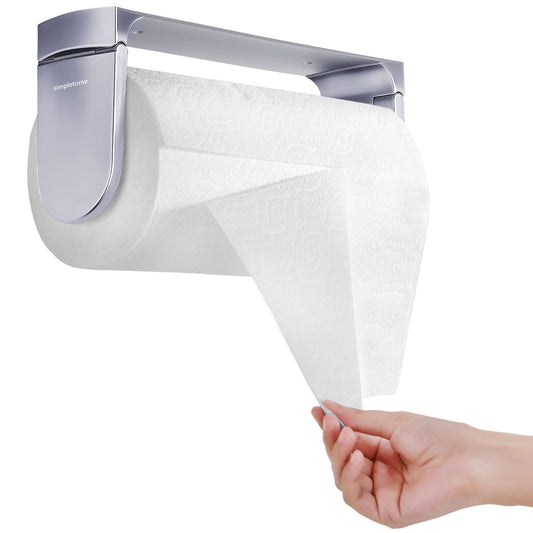 simpletome ONE HAND TEAR Paper Towel Holder Under Cabinet Adhesive or Drilling Installation Aluminum Alloy + ABS (Pearl Chrome Silver)