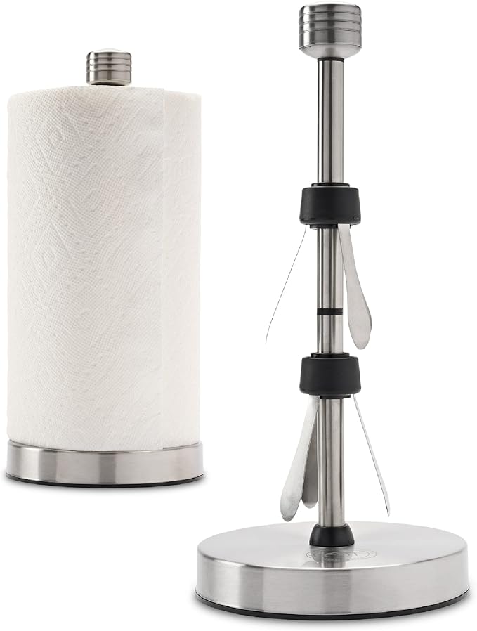 Dear Household Stainless Steel Paper Towel Holder Easy One-Handed Operation - This Sturdy Weighted Paper Towel Dispenser Countertop Model Has Suction Cups and Holds All Paper Towel Rolls - Silver