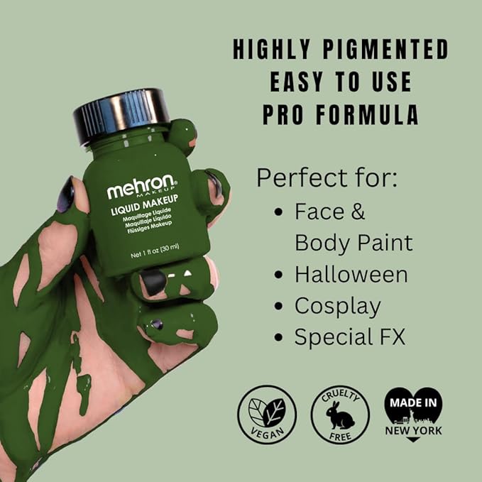 Mehron Makeup Liquid Makeup | Face Paint and Body Paint Perfect for Halloween, Cosplay I Air Brush Compatible Body Paint (1 oz) (GREEN)