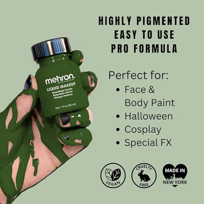 Mehron Makeup Liquid Makeup | Face Paint and Body Paint Perfect for Halloween, Cosplay I Air Brush Compatible Body Paint (1 oz) (GREEN)