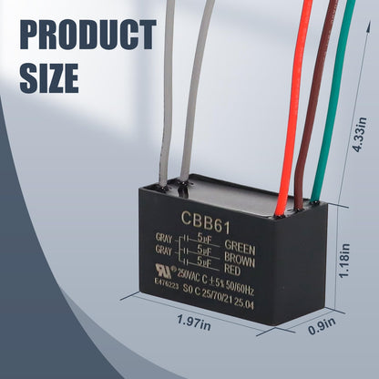 Wadoy Cbb61 5 Wire Ceiling Fan Capacitor Compatible With New Tech 5+5+5Uf 50/60Hz 250Vac