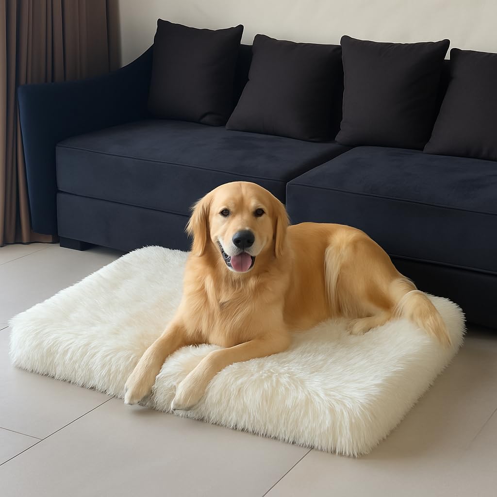 IHAPPYDOG Luxury Faux Fur Orthopedic Dog Beds, Memory Foam Crate Bed for Small, Medium, Large and XL Pets, Fluffy Pet Bed with Waterproof and Washable Cover, Fits Crates (White, 41"x27")