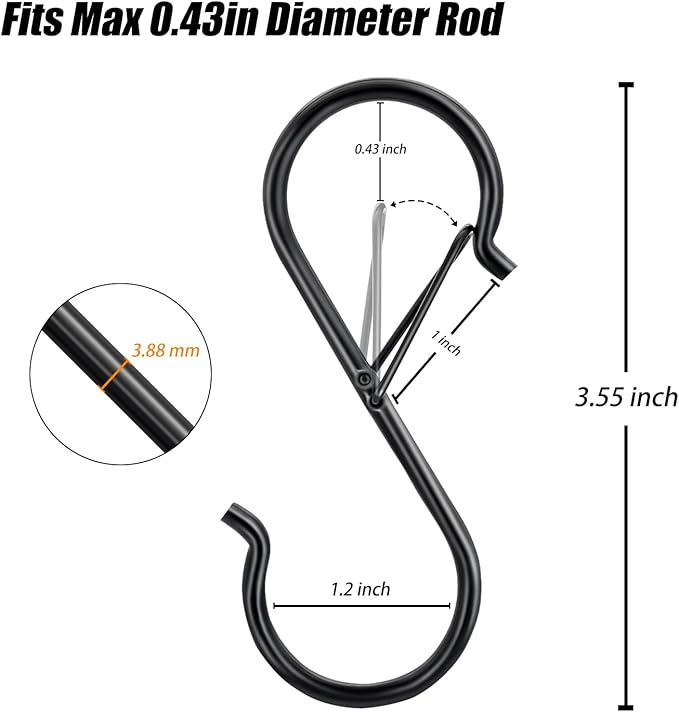 20 Pack S Hooks for Hanging, 3.5 Inch S Hooks Heavy Duty for Hanging Clothes Plants Black S Shaped Hooks with Safety Buckle Kitchen Pot Rack Closet Hooks for Kitchen Utensil, Pots, Pans
