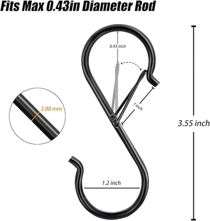 20 Pack S Hooks for Hanging, 3.5 Inch S Hooks Heavy Duty for Hanging Clothes Plants Black S Shaped Hooks with Safety Buckle Kitchen Pot Rack Closet Hooks for Kitchen Utensil, Pots, Pans
