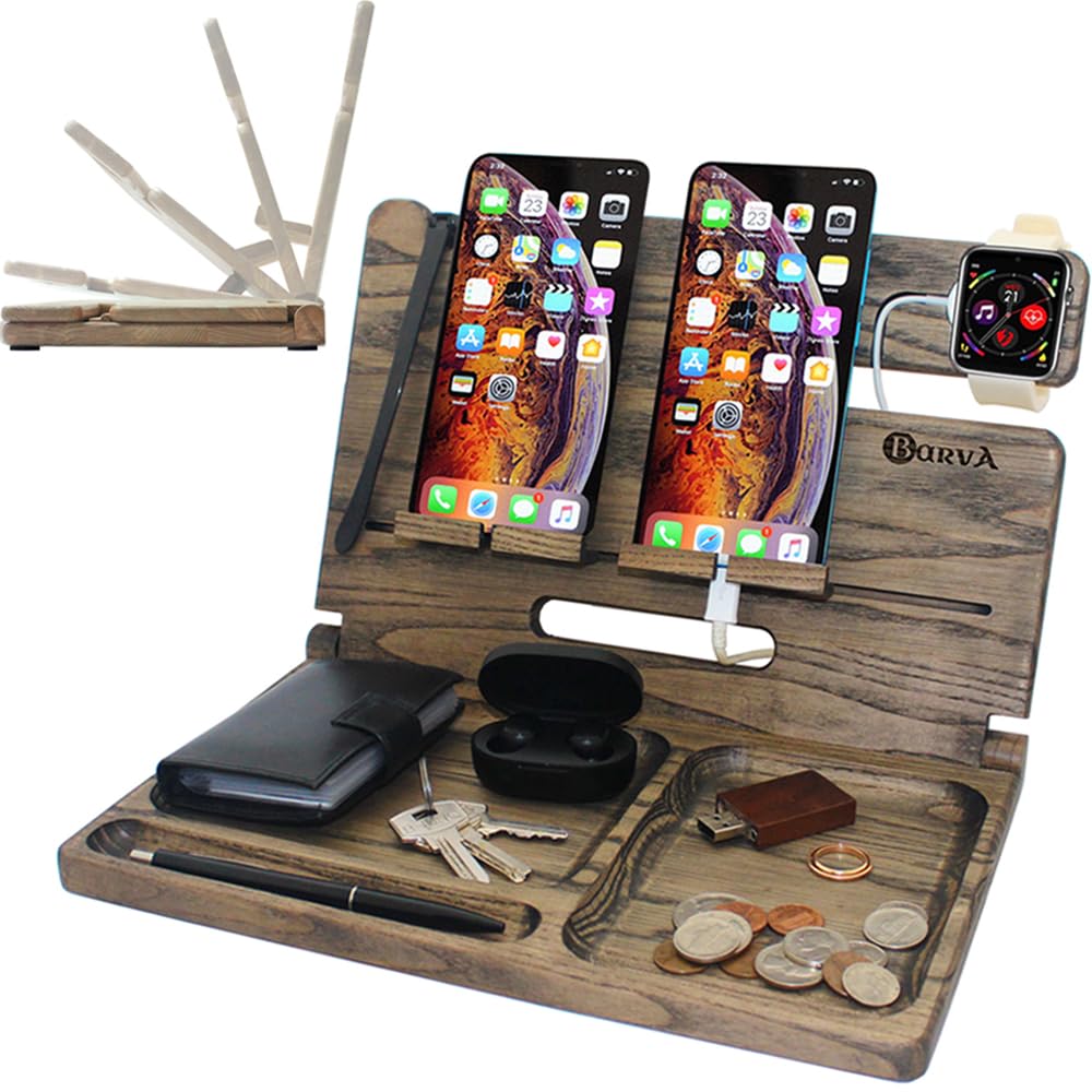 Barva Two Phone Docking Station | Foldable Night Stand Desk Organizer | Rustic Nightstand Organizer | Tablet Smart Watch Earbuds