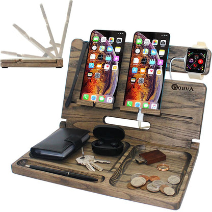 Barva Two Phone Docking Station | Foldable Night Stand Desk Organizer | Rustic Nightstand Organizer | Tablet Smart Watch Earbuds