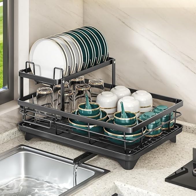 Large Dish Drying Rack for Kitchen Counter, 2-Tier Expandable Dish Drainer with Drainboard, Anti-Rust Steel Drying Rack with Cutlery Holder, Cup Holder and Storage Areas for Plates Bowls Pots