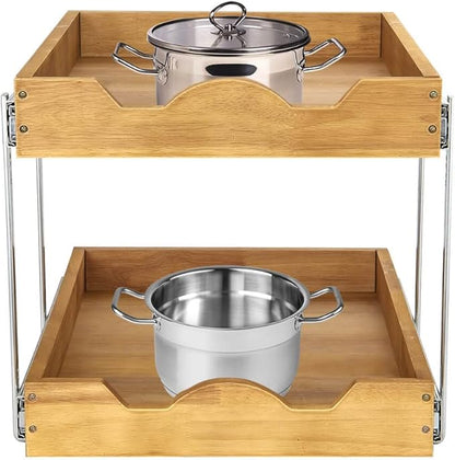 DINDON 2 Tier Pull Out Cabinet Organizer (20" W x 21" D) Wood And Metal Double Tier Slide Out Wood Drawer Under Cabinet Storage Organization