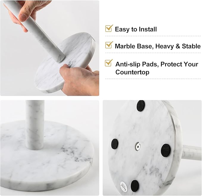 Koville Italian Marble Paper Towel Holder Countertop, Stone Rod Paper Towel Holder Stand for Kitchen Storage, for Standard or Jumbo-Sized Rolls(Bianco Carrara)